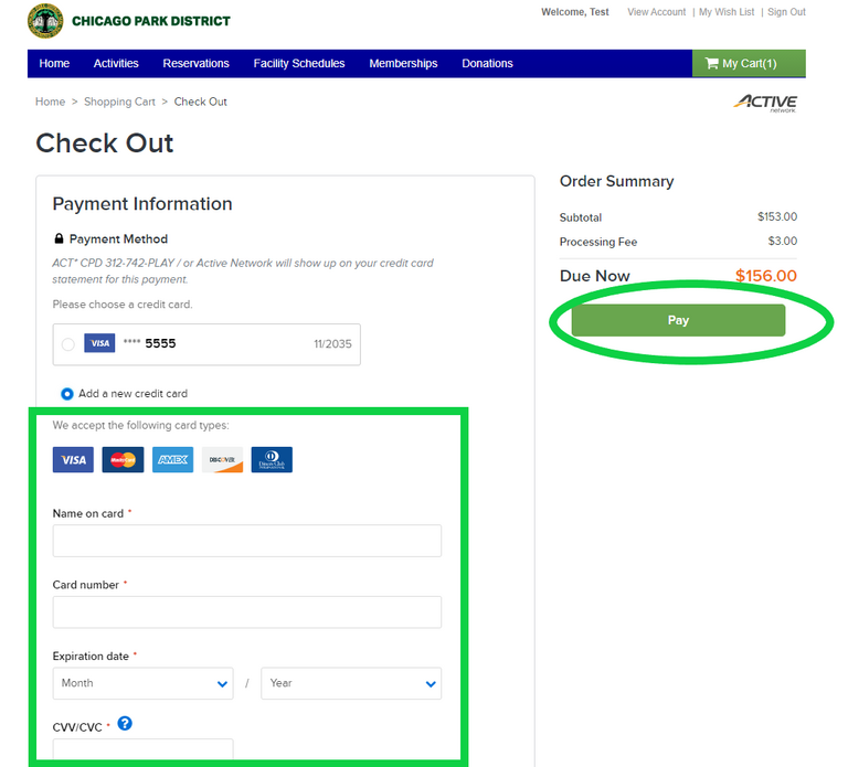 첥Ƶ checkout page. Credit card form and order summary.