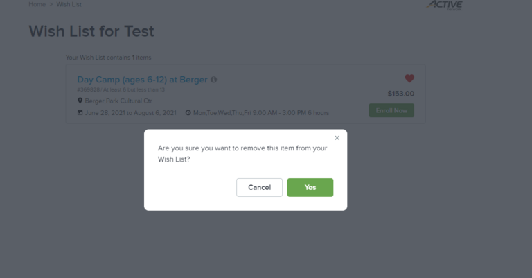 Confirmation dialog box asking "Are you sure you want to remove this item from your Wish List?" with Cancel and Yes buttons.
