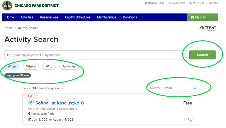 Chicago Park District activity search results.