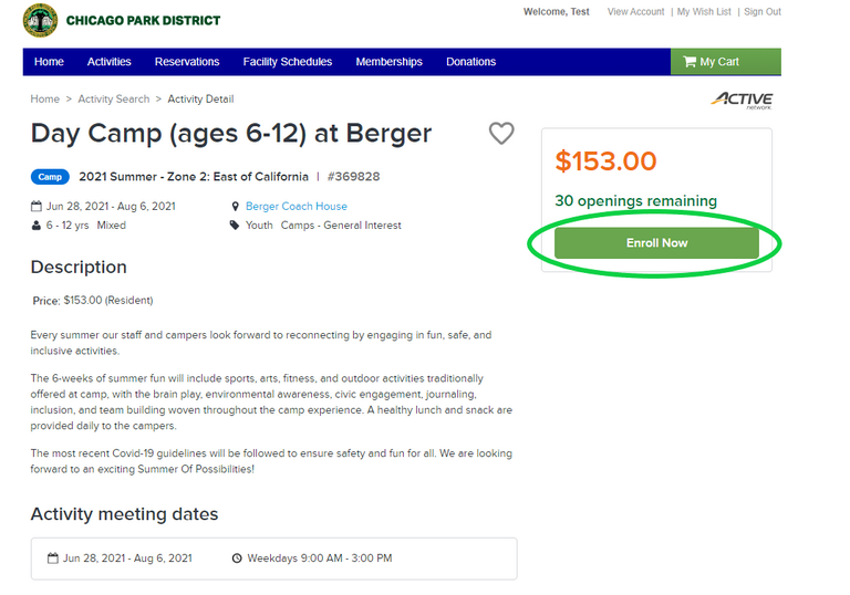 Enroll Now button for Day Camp registration. $153, 30 spots left.