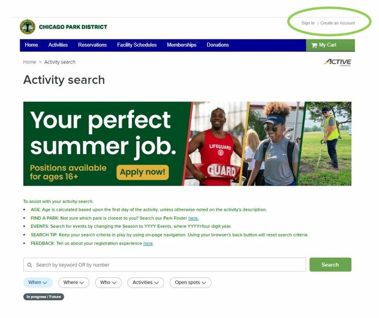 첥Ƶ summer job banner showing a lifeguard, park staff, and groundskeeper.