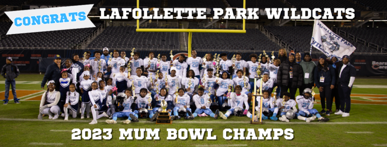 Lafollette Park Wildcats youth football team and cheerleaders pose with trophies on a football field. They are the 2023 Mum Bowl champions.
