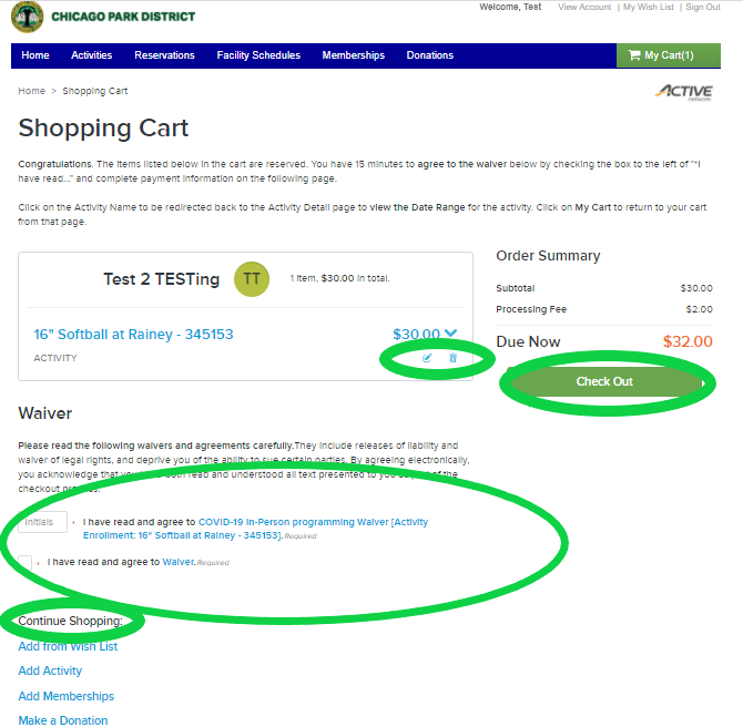 첥Ƶ shopping cart checkout page.  Subtotal: $30.00, Processing Fee: $2.00, Due Now: $32.00.  "Check Out" button at bottom right.