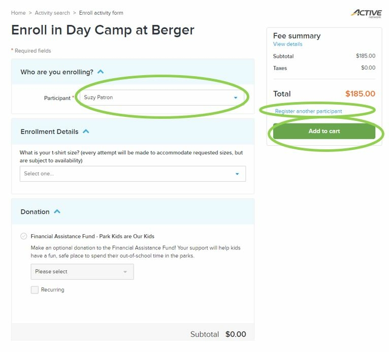 Day camp enrollment form with participant, t-shirt size, donation, and fee information.