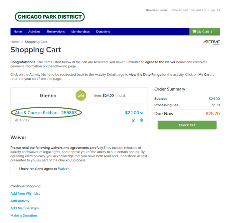 Chicago Park District shopping cart with one activity, Abs & Core, totaling $25.70.