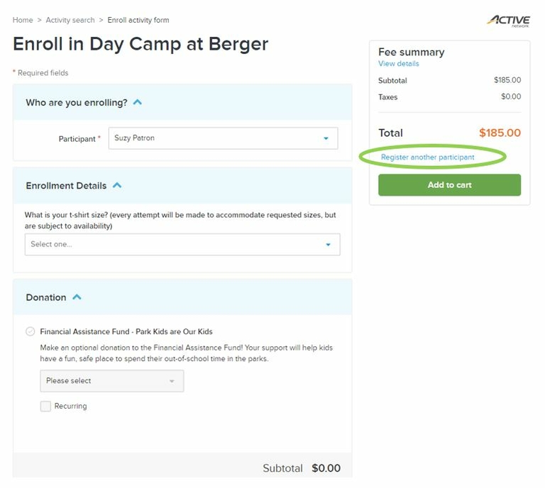 Day camp enrollment form with participant, t-shirt size, donation, and fee information.