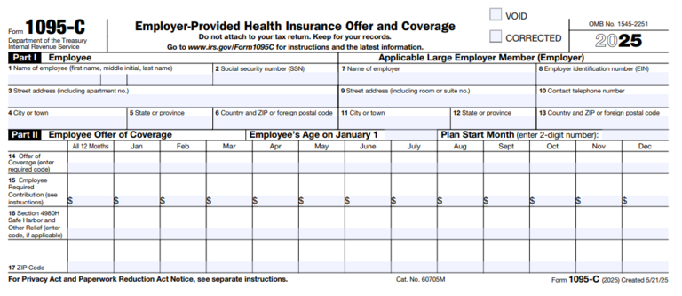 Blank IRS Form 1095-C (2025) for employer-provided health insurance offer and coverage.