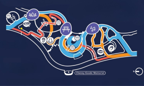 Map graphic of the Midway Plaisance Universally Accessible Play Area showing winding paths and activity stations.
