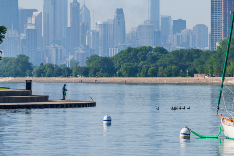 Sailboats moored in a harbor, Chicago skyline in the distance.