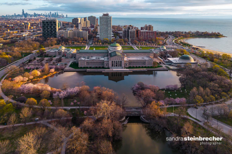 Aerial view of the Griffin Museum of Science and Industry, Chicago, surrounded by blossoming trees and a lagoon. City skyline and Lake Michigan in background.