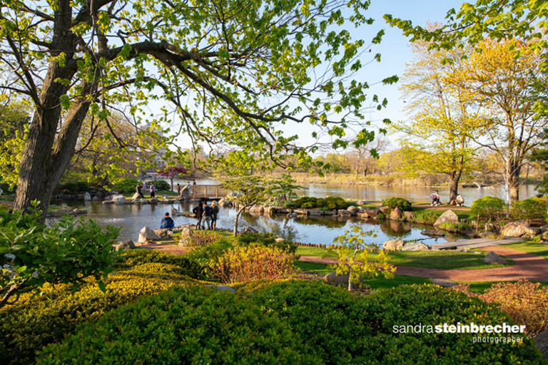 Serene Japanese garden with pond, trees, and visitors on a sunny day.
