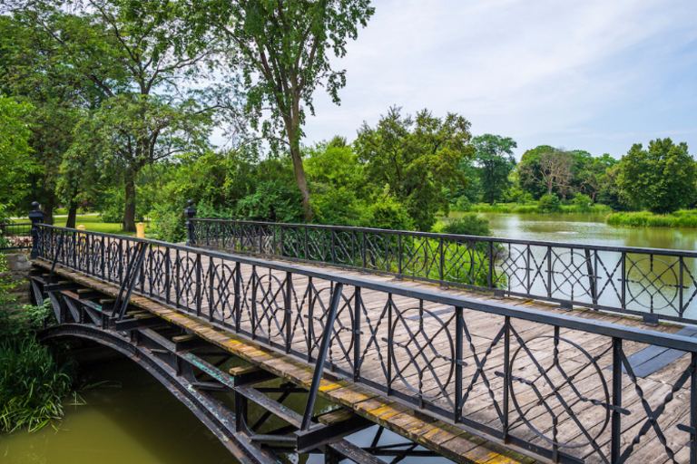 Photograph of an ornate black metal bridge spanning a calm park pond surrounded by lush trees.