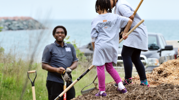 Volunteers working with rakes and shovels near the shore.