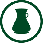 Dark green pitcher silhouette in a green circle.
