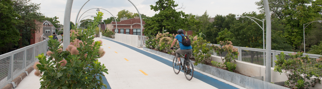 Cyclist on elevated bike path with arched supports and landscaping.
