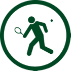 Stylized green icon of a person playing tennis.
