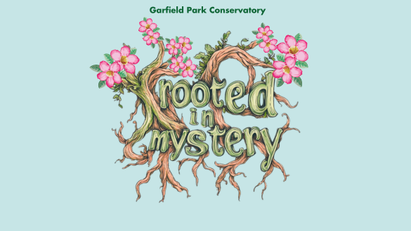 Rooted in Mystery graphic with flowering tree roots.