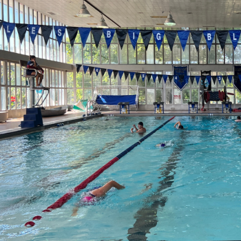 Indoor pool with several people swimming laps. Lifeguard on duty.