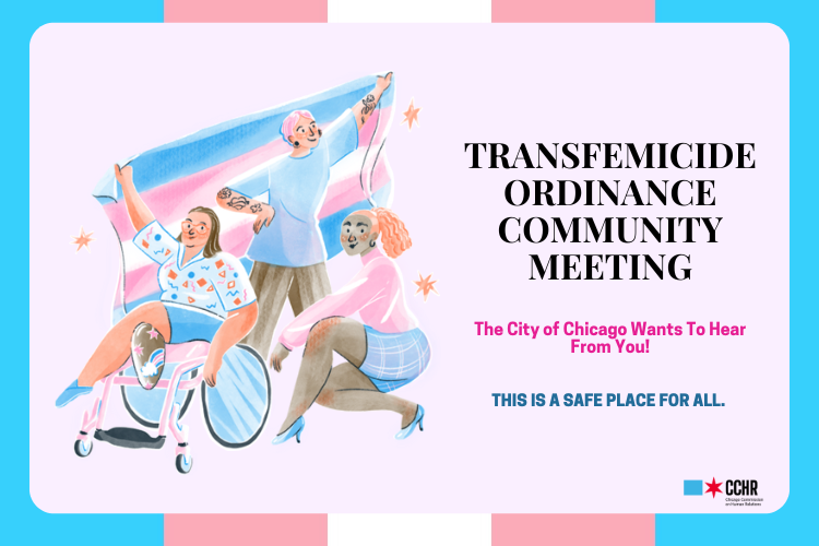 Three people hold up a trans flag. One person sits in a wheelchair, another kneels, and a third stands.