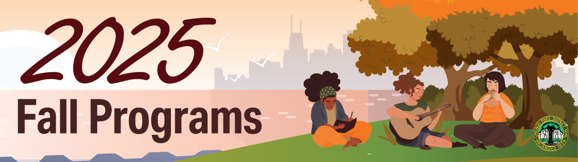 People enjoying fall activities in a park, Chicago skyline in background. 2025 Fall Programs.