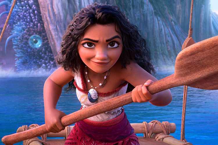 Moana paddles a small boat, a large creature lurks in the background.