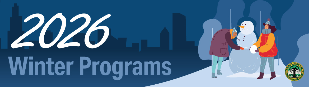 2026 Winter Programs banner graphic with people building a snowman.