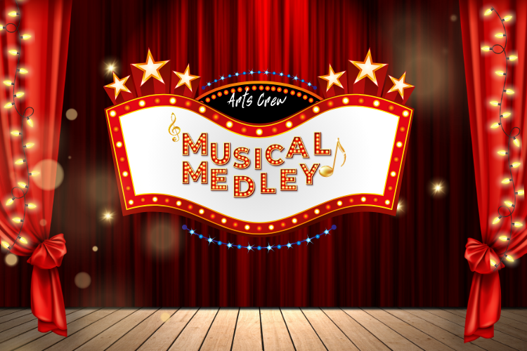 Theater stage with red curtains, lights and "Musical Medley" sign.