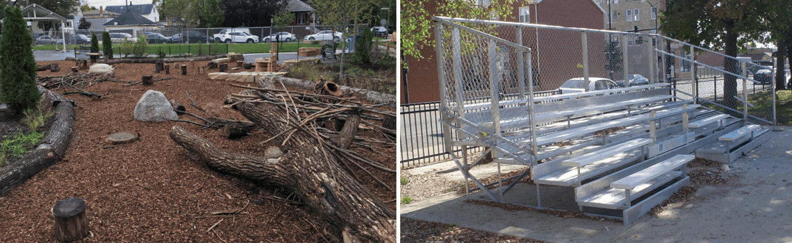 Nature Play Space, bleachers, outdoor tables and chairs, drinking fountain, and outdoor bench, all located within a park.