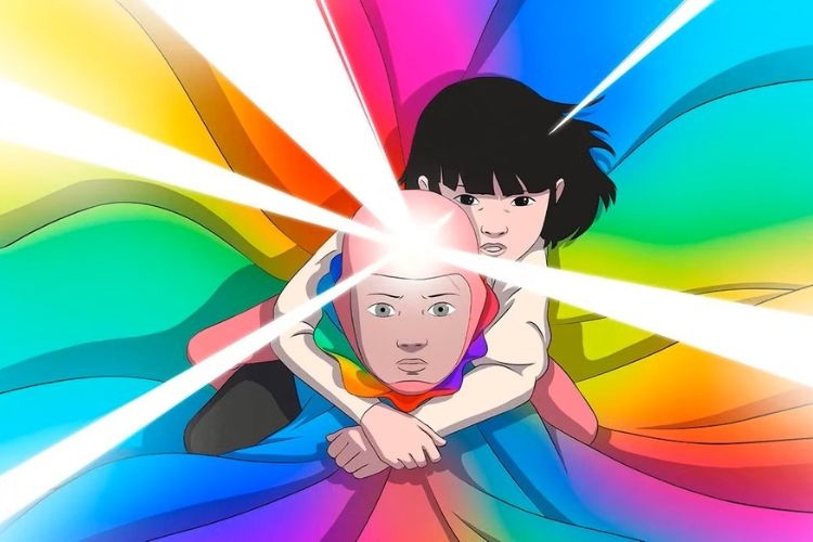 A girl with dark hair hugs a person wearing a pink hood, with vibrant rainbow rays behind them.
