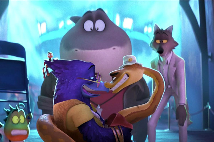 Animated characters from The Bad Guys looking at each other in a dimly lit room.