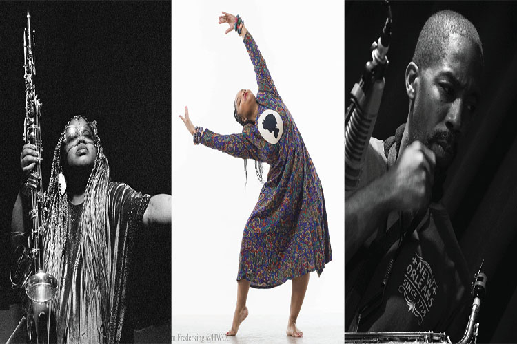 Three black and white photographs: a saxophonist, a dancer in a patterned dress, and a musician.