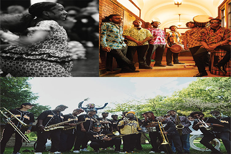 A collage showing a person dancing, a group of musicians in a hallway, and an outdoor brass band.