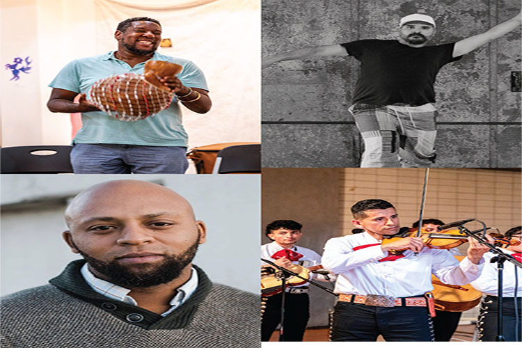 A collage showing a musician with a shekere, a dancer, a portrait of a man, and a mariachi band.