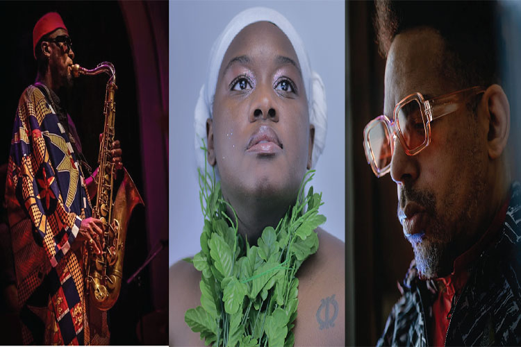 A collage of three portraits: a saxophonist, a person with a plant-like accessory, and a man in glasses.