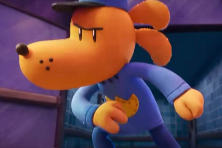 3D animated character Dog Man wearing a blue police uniform, looking serious.