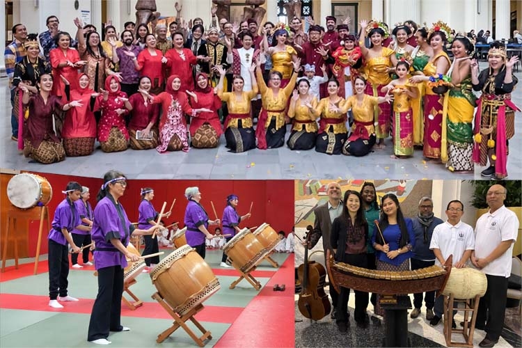 A collage showing a large group in traditional Indonesian dress and people practicing Taiko drums.