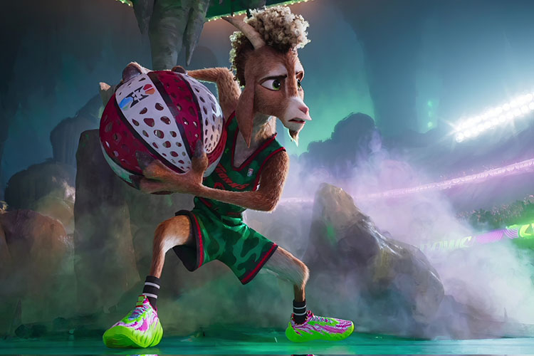 Animated goat basketball player in a green jersey and bright sneakers on a misty court.