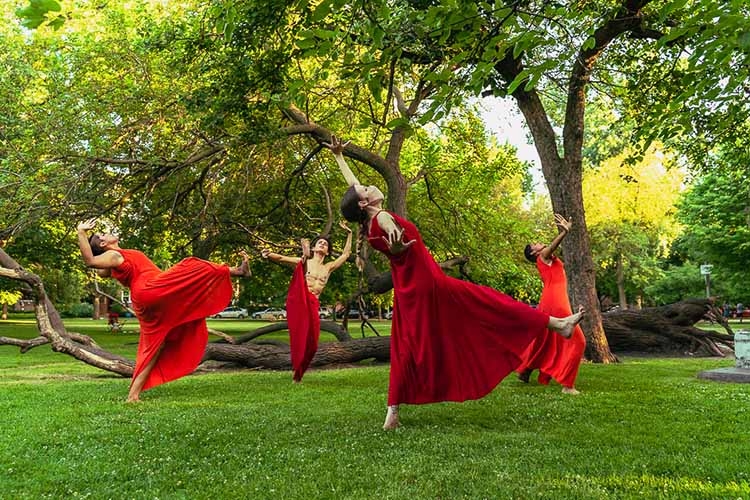 Photograph of four dancers in red performing expressive movements in a lush, green park.