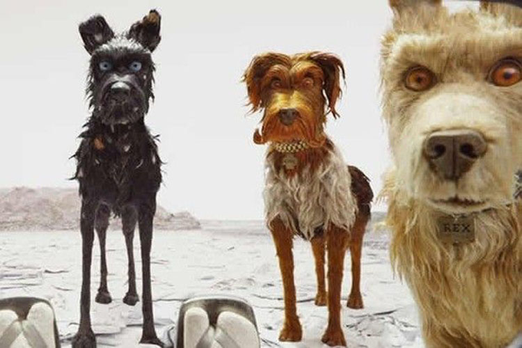 Stop-motion animation of three dogs standing on a sandy landscape.