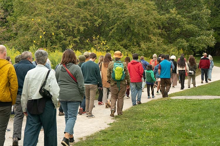 A large group of people walking away from the camera along a gravel path in a park.