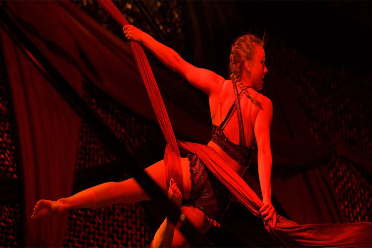 Photograph of an aerial silk performer posing mid-air, bathed in dramatic red stage lighting.