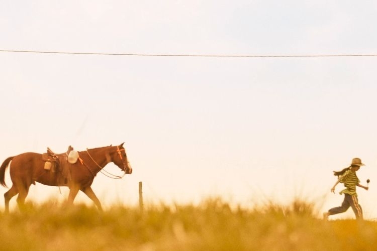 A person in a hat and striped shirt walking in a field beside a saddled horse at sunset.