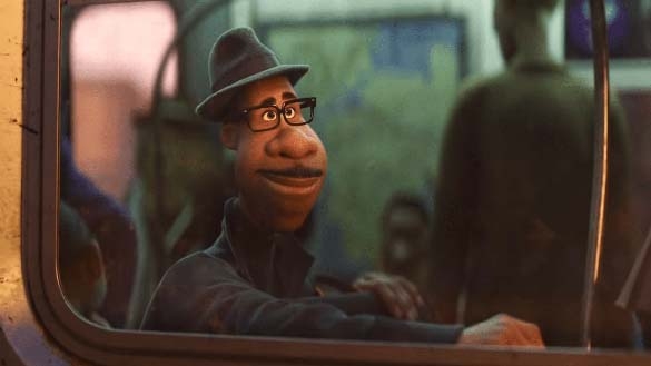 Joe Gardner from the animated film Soul, wearing a fedora and glasses on a subway train.