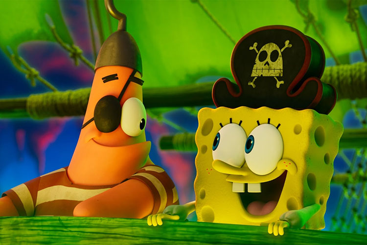 SpongeBob and Patrick dressed as pirates in a vibrant, underwater scene.