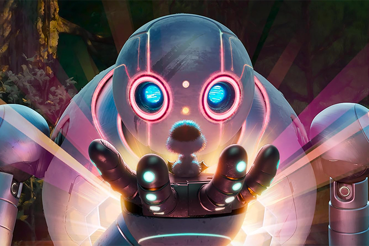 Digital illustration of a metallic robot holding a small, fuzzy creature in its glowing hands.