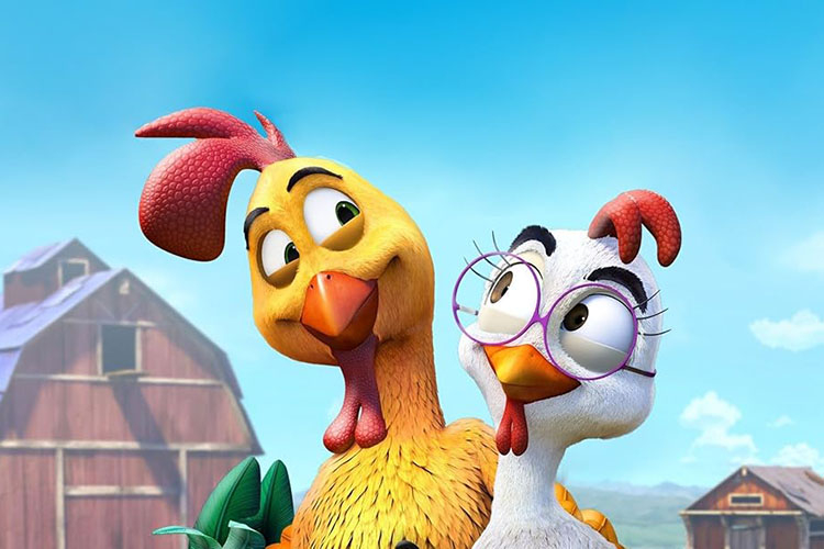 Animated rooster and chicken with glasses smiling in front of a barn.