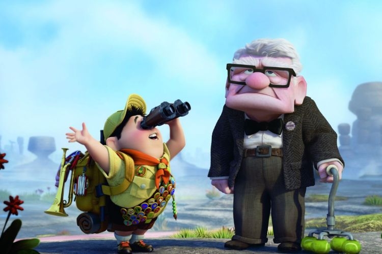 Russell and Carl Fredricksen from the movie Up standing in a landscape.