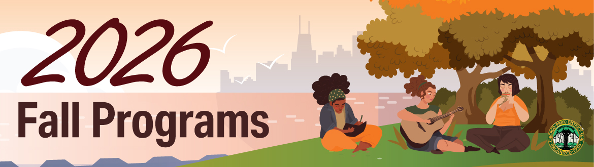 Graphic for 2026 Fall Programs showing people relaxing in a park with the Chicago skyline background.