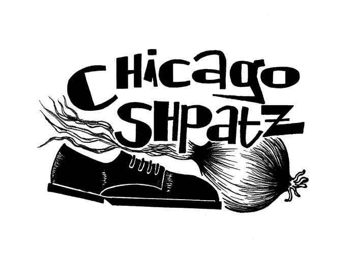 Black and white graphic with the text "CHICAGO SHPATZ" above a shoe and an onion.