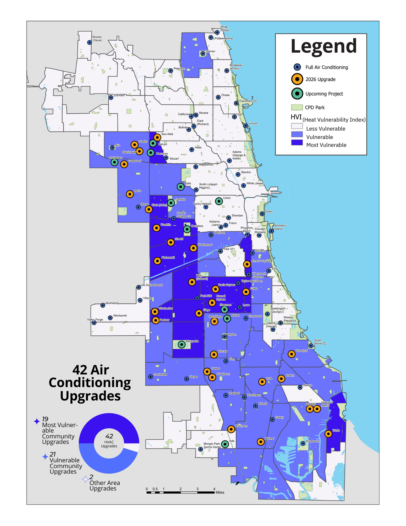 Map showing Chicago heat vulnerability levels and air conditioning upgrade project locations.